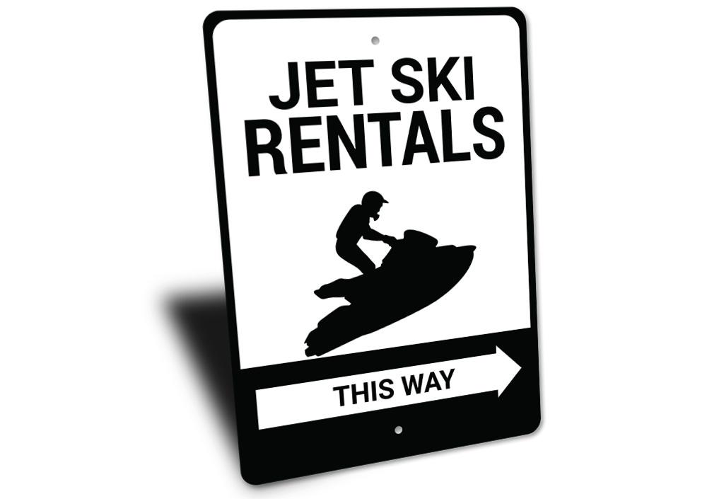 A vibrant Jet Ski Rentals This Way Sign made of durable aluminum, featuring a beach-themed design perfect for coastal decor.