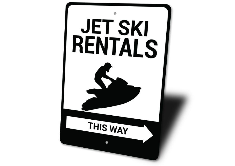 A vibrant Jet Ski Rentals This Way Sign made of durable aluminum, featuring a beach-themed design perfect for coastal decor.