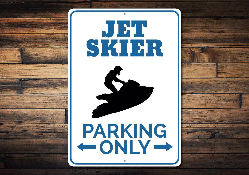 Jet Skier Parking Sign made of durable aluminum, featuring a unique design for reserved parking.