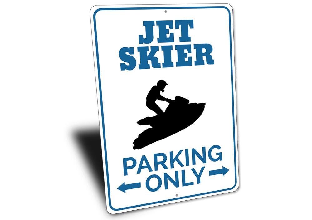 Jet Skier Parking Sign made of durable aluminum, featuring a unique design for reserved parking.