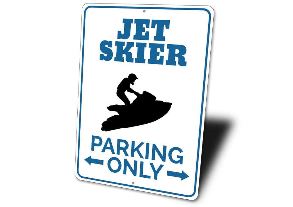 Jet Skier Parking Sign made of durable aluminum, featuring a unique design for reserved parking.