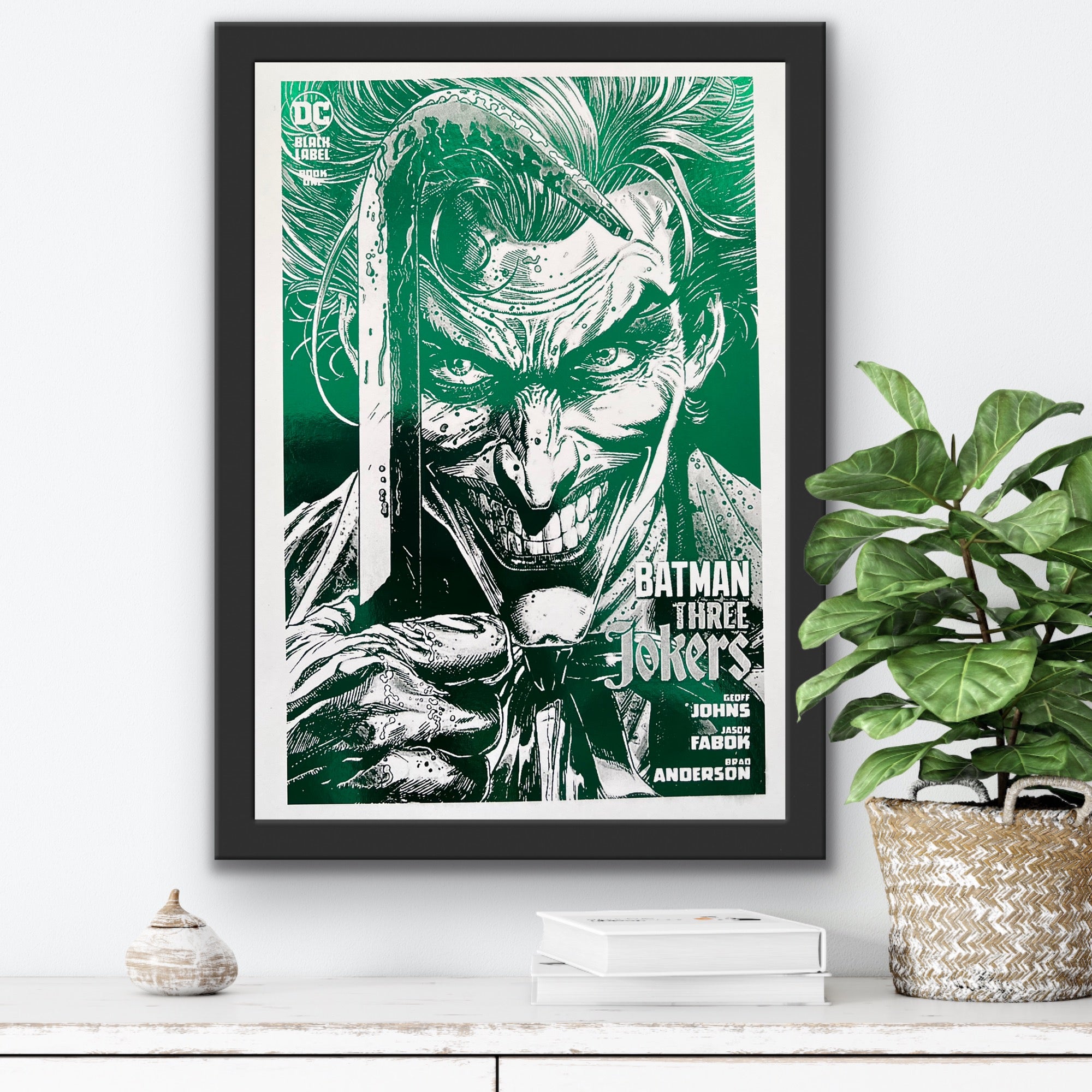 Vibrant green Joker foil print featuring the Clown Prince of Crime with an iconic smile.