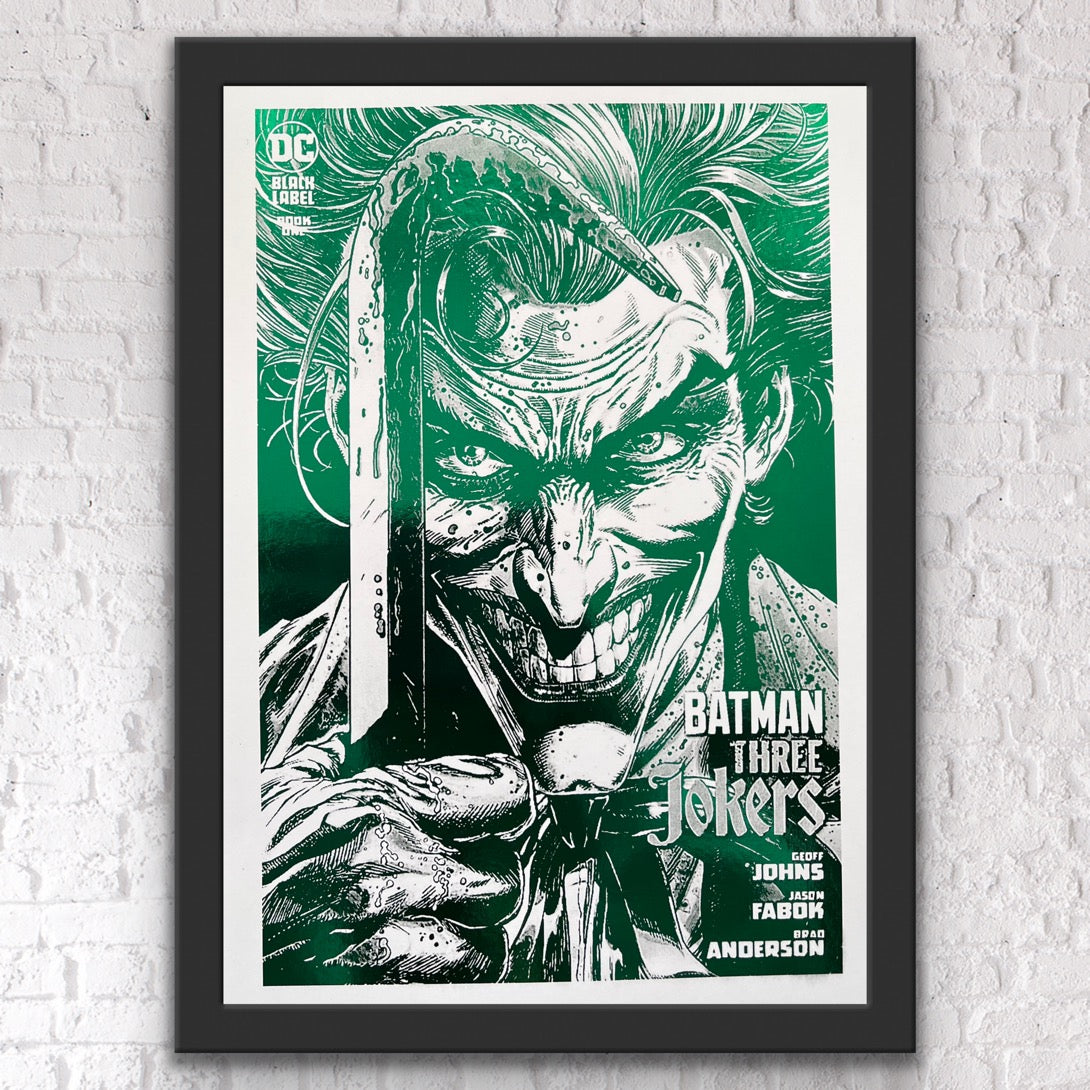 Vibrant green Joker foil print featuring the Clown Prince of Crime with an iconic smile.