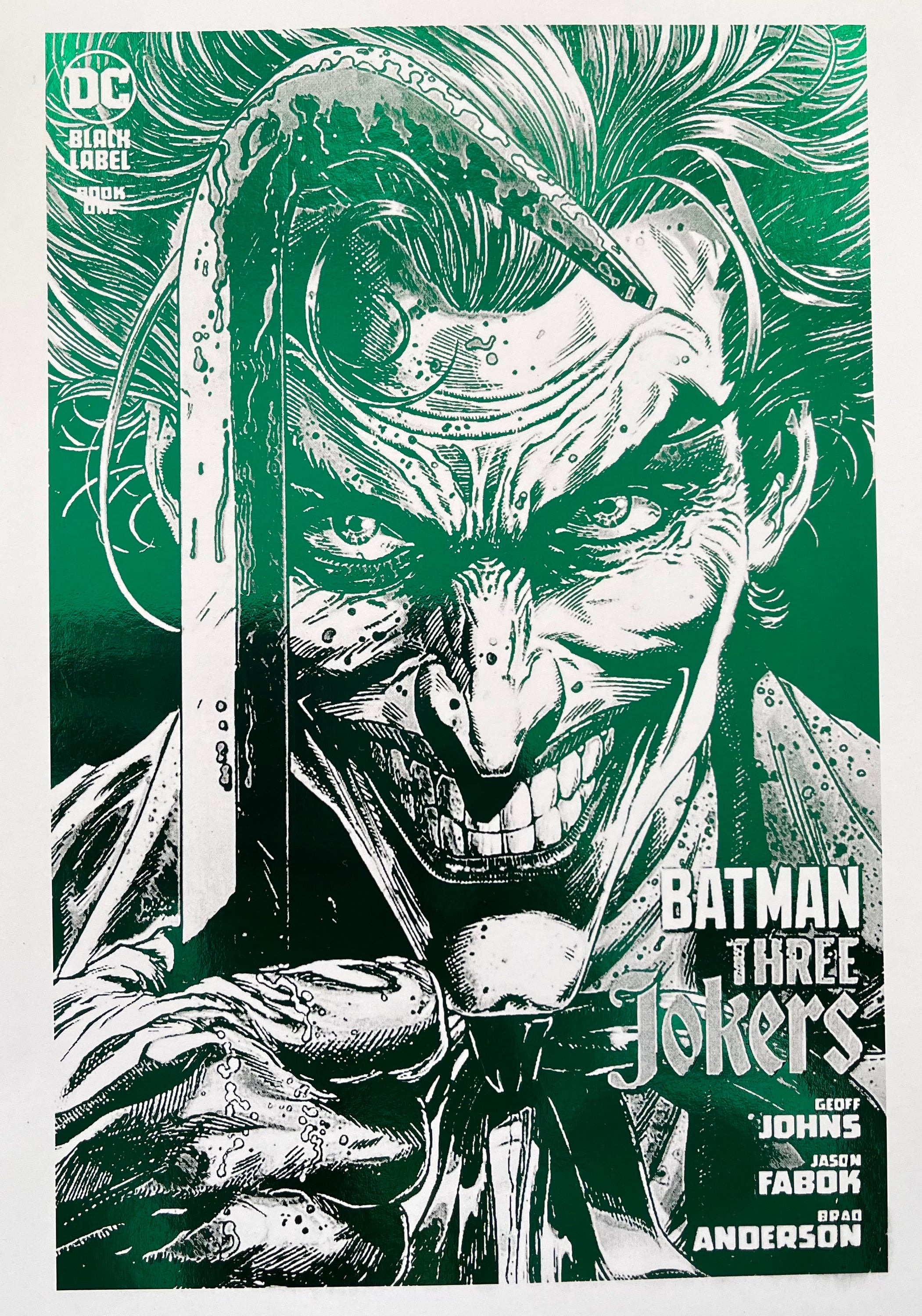 Vibrant green Joker foil print featuring the Clown Prince of Crime with an iconic smile.