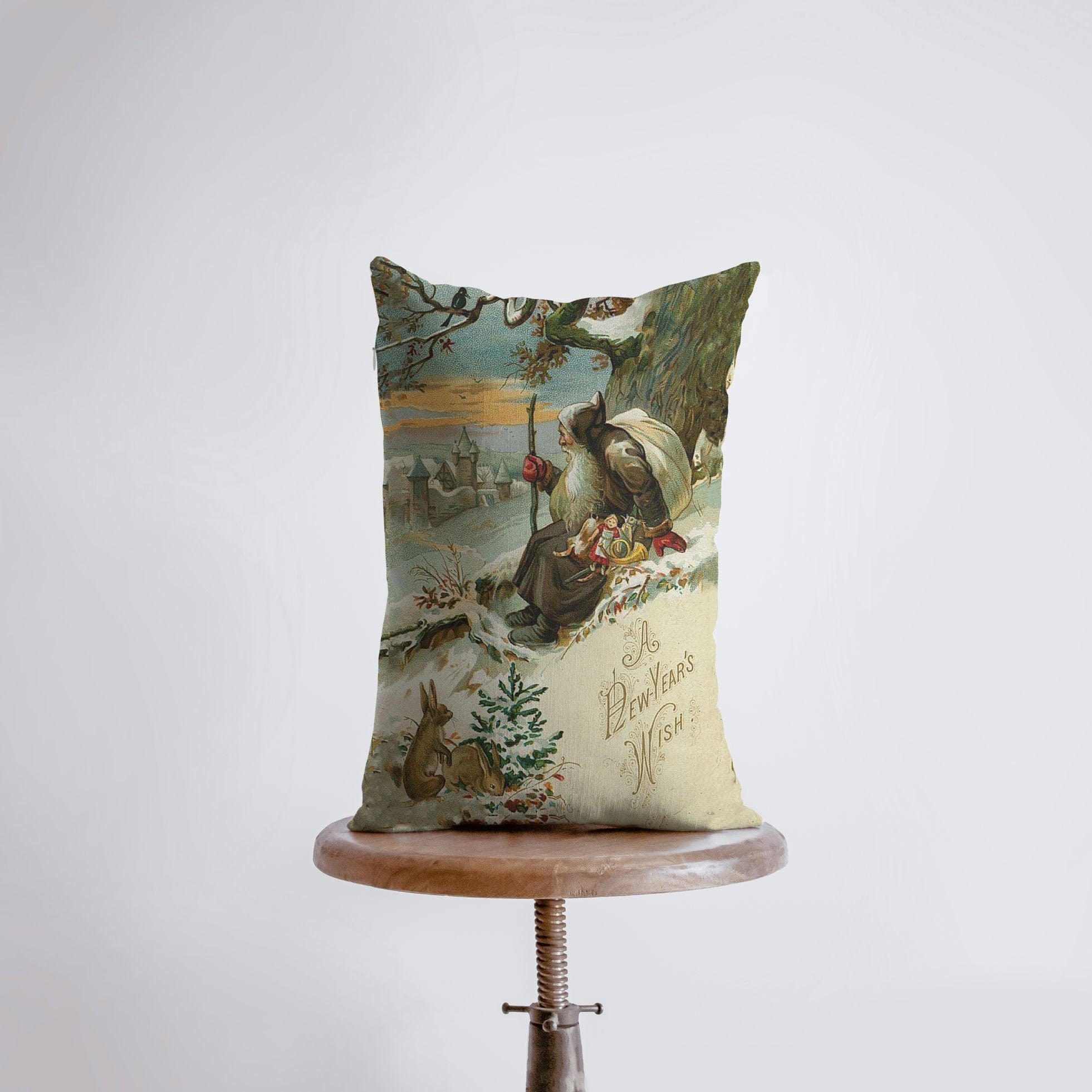 Jolly Old St. Nick Christmas throw pillow featuring a vintage design of Santa sitting under a tree, perfect for rustic home decor.