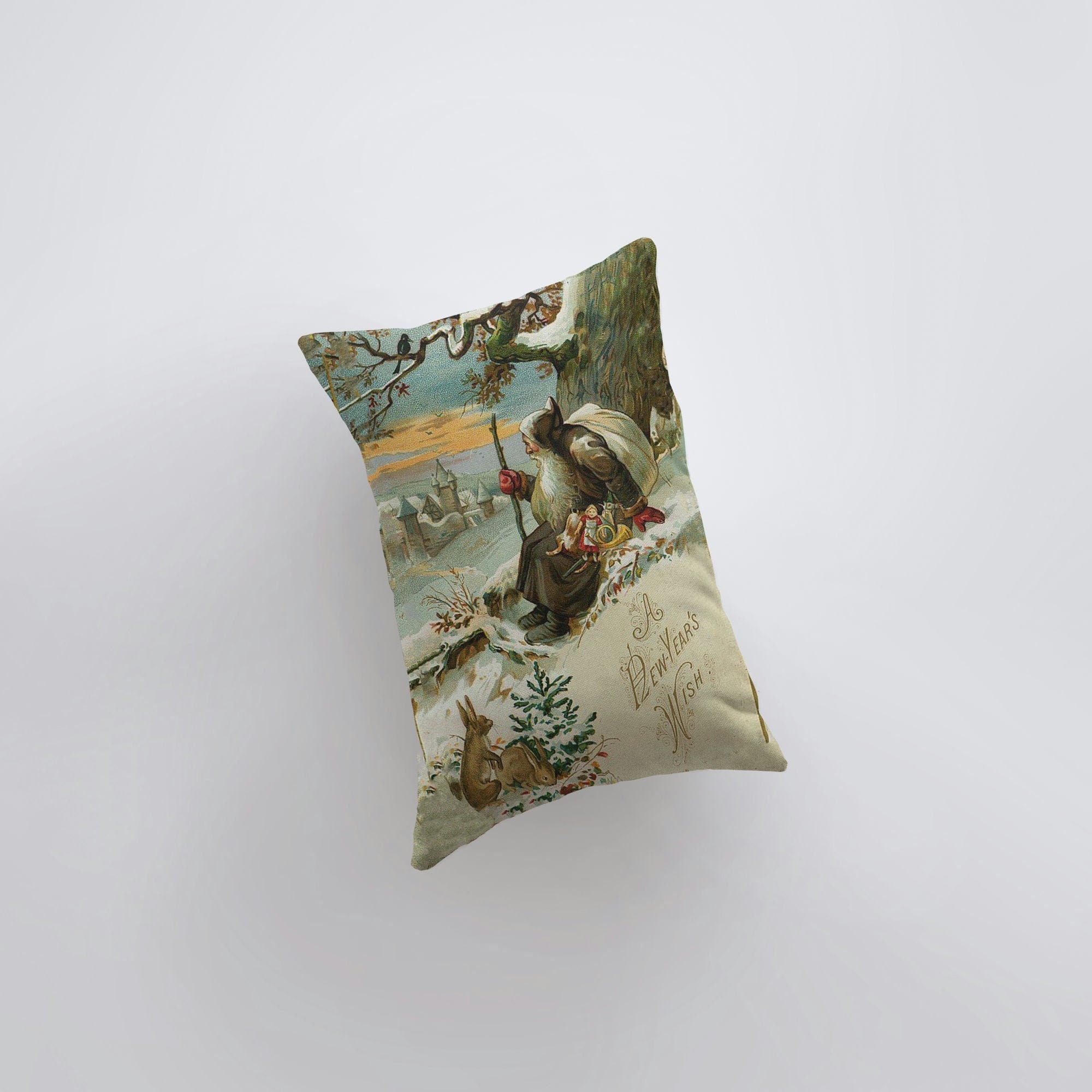 Jolly Old St. Nick Christmas throw pillow featuring a vintage design of Santa sitting under a tree, perfect for rustic home decor.