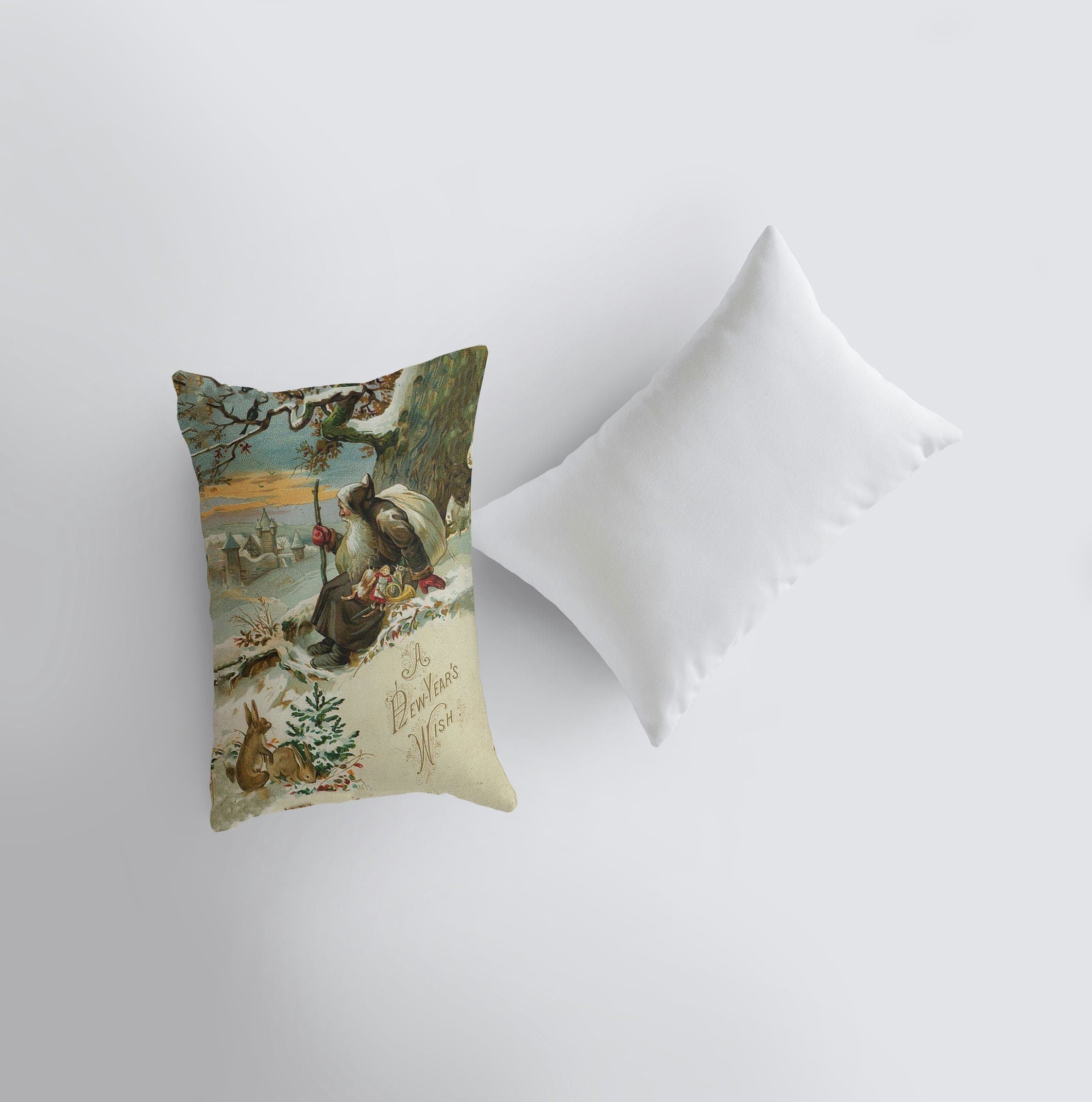 Jolly Old St. Nick Christmas throw pillow featuring a vintage design of Santa sitting under a tree, perfect for rustic home decor.