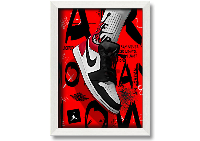 Stylish Jordan Shoes print on coated polyester canvas, mounted on a 44mm box frame, ready to hang.