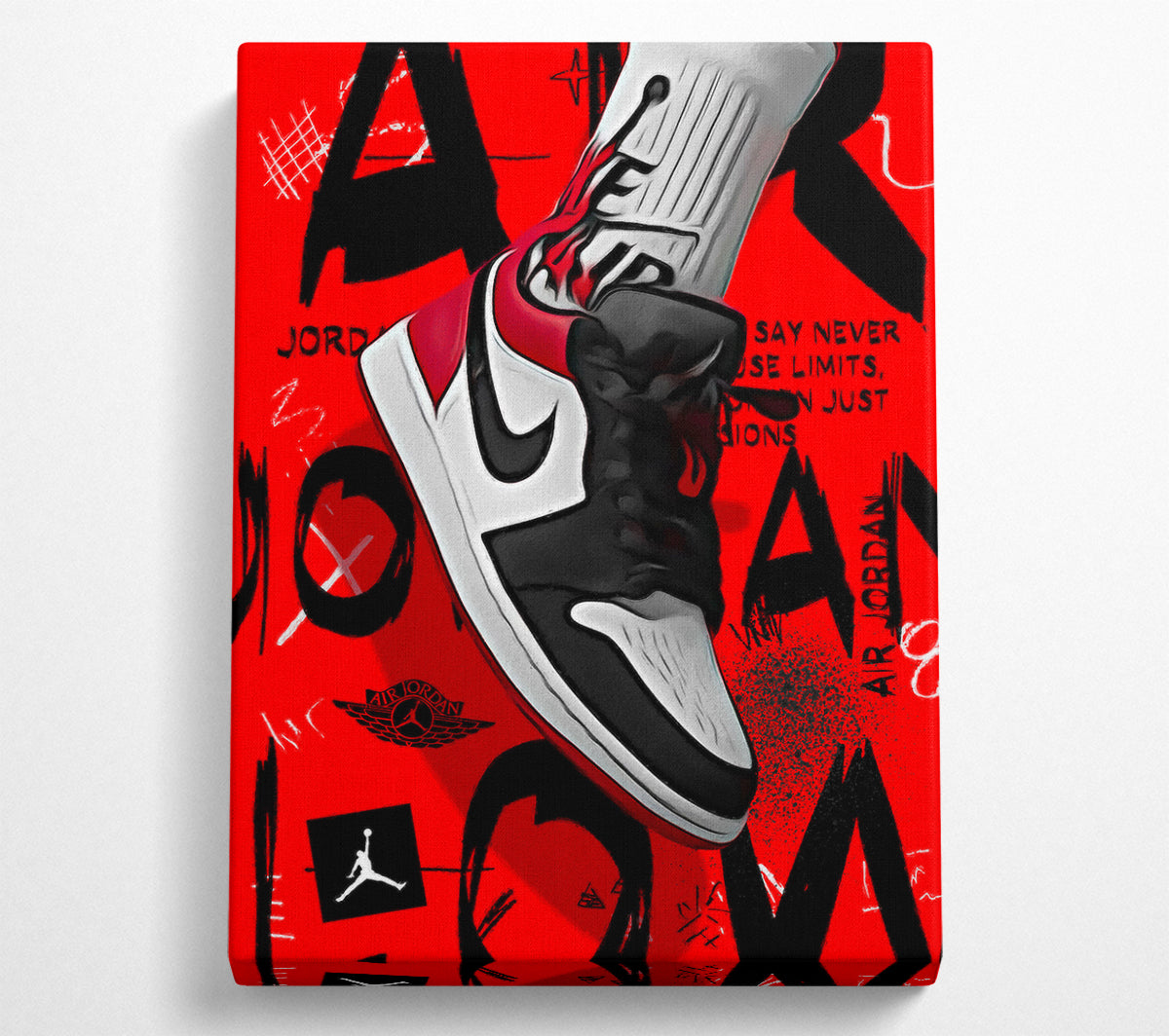 Stylish Jordan Shoes print on coated polyester canvas, mounted on a 44mm box frame, ready to hang.