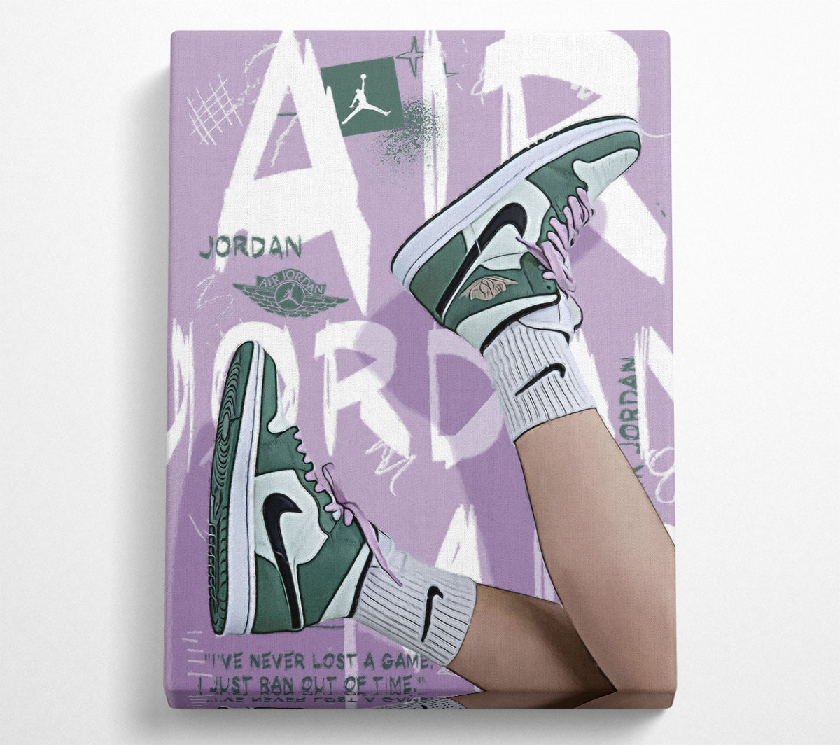 Stylish Jordan Trainers printed on coated polyester canvas, mounted on a 44mm box frame, ready to hang.