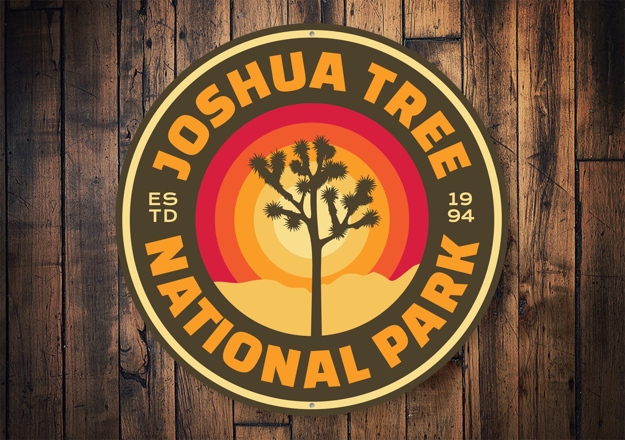 Joshua Tree National Park Sign made of high-quality aluminum, featuring vibrant colors and intricate designs, perfect for home decor.