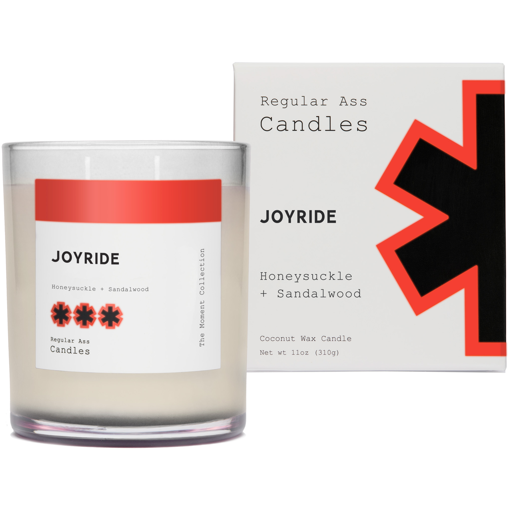 Joyride Honeysuckle + Sandalwood 11oz Candle in a stylish jar, showcasing its eco-friendly design and inviting floral scent.