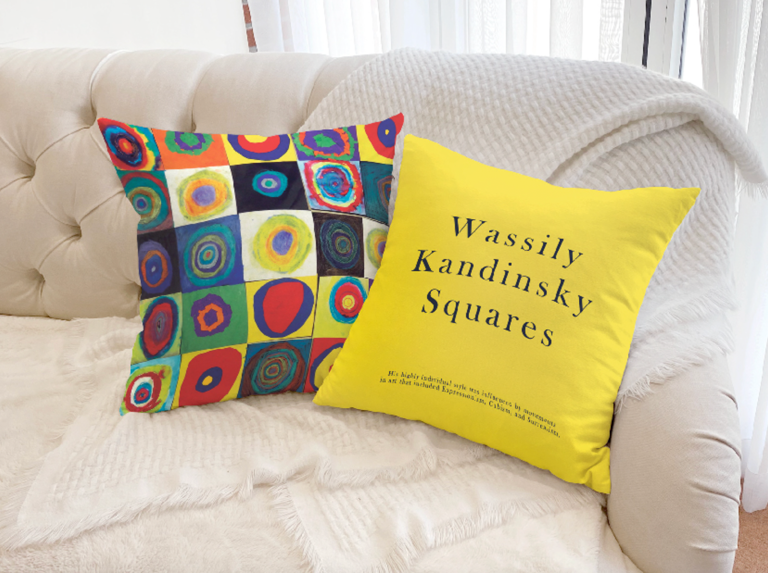 Kandinsky double-sided cushion showcasing vibrant patterns and high-quality microfiber material.