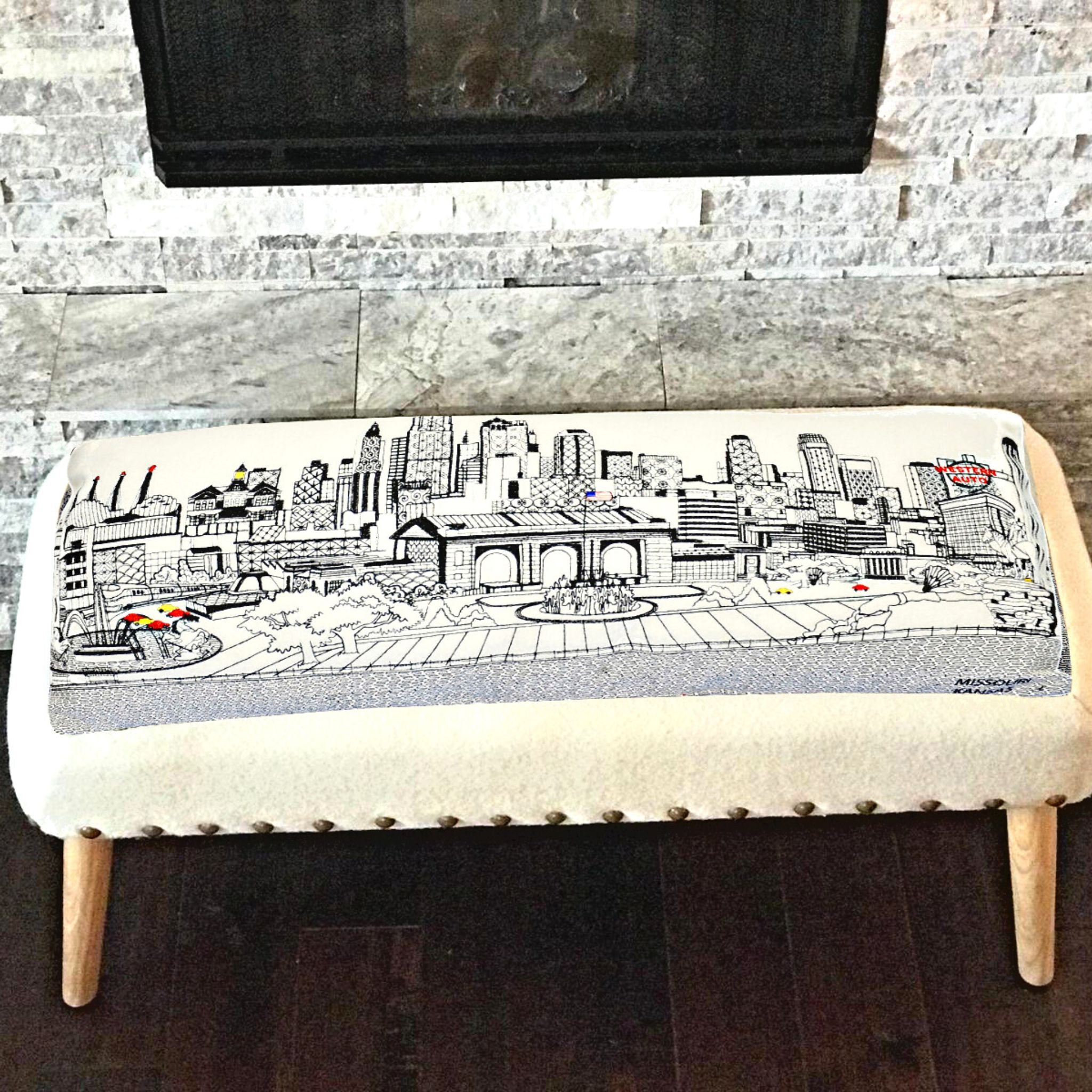 Kansas City Ottoman featuring upholstered wool fabric and natural rubberwood legs, ideal for stylish home decor.