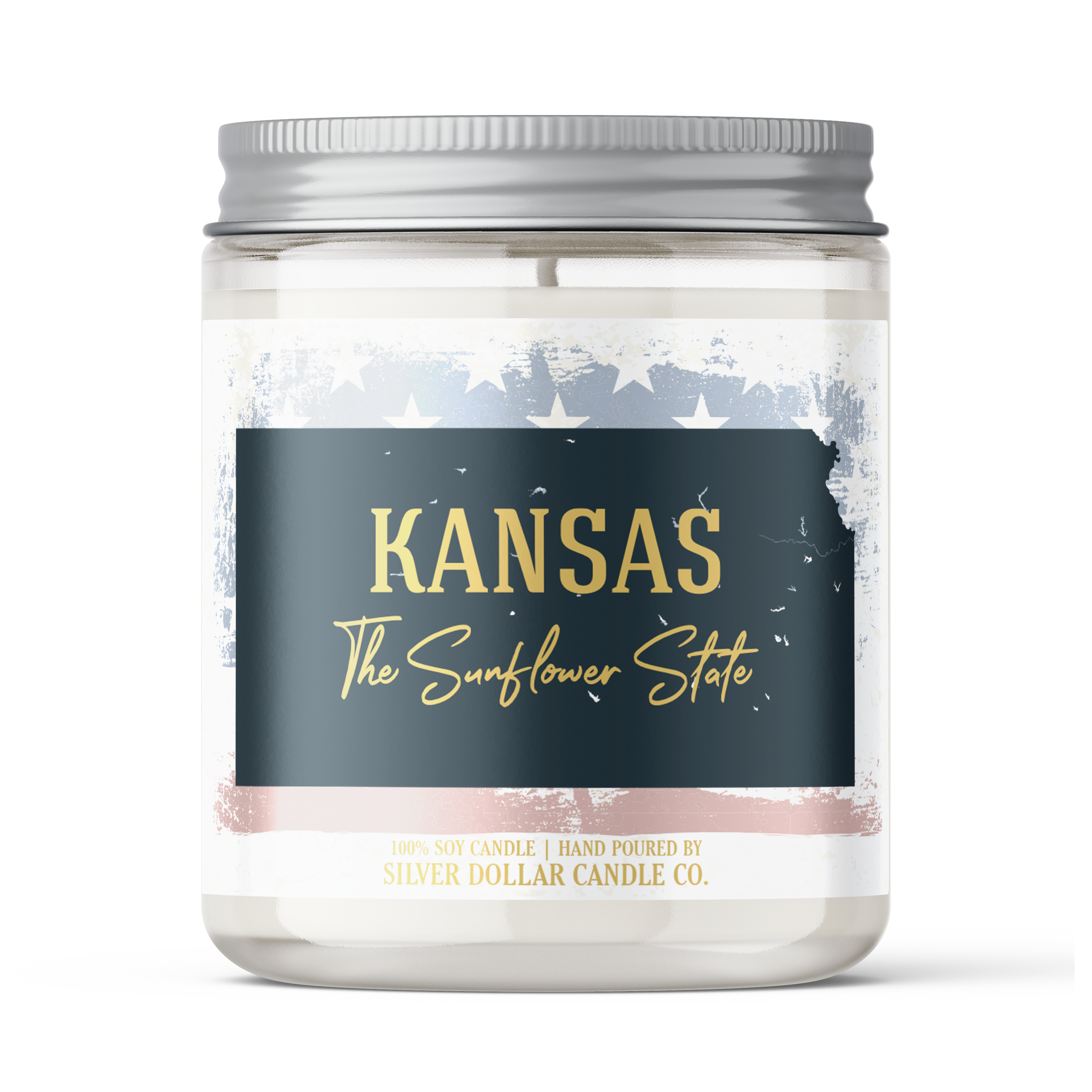 Kansas State Candle in a decorative box, showcasing its 100% pure soy wax and personalized lid option.