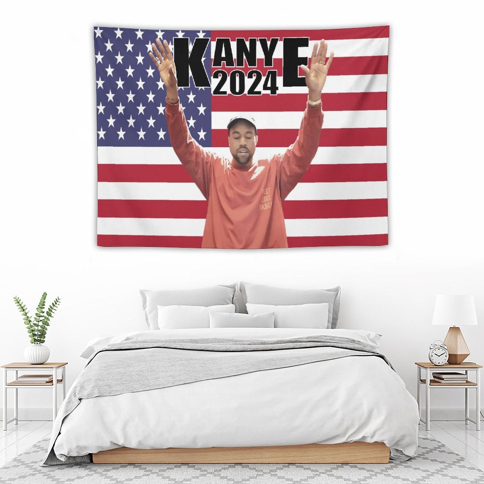 Kanye 2024 West America Flag Tapestry featuring vibrant colors and a stylish design, perfect for wall decoration.