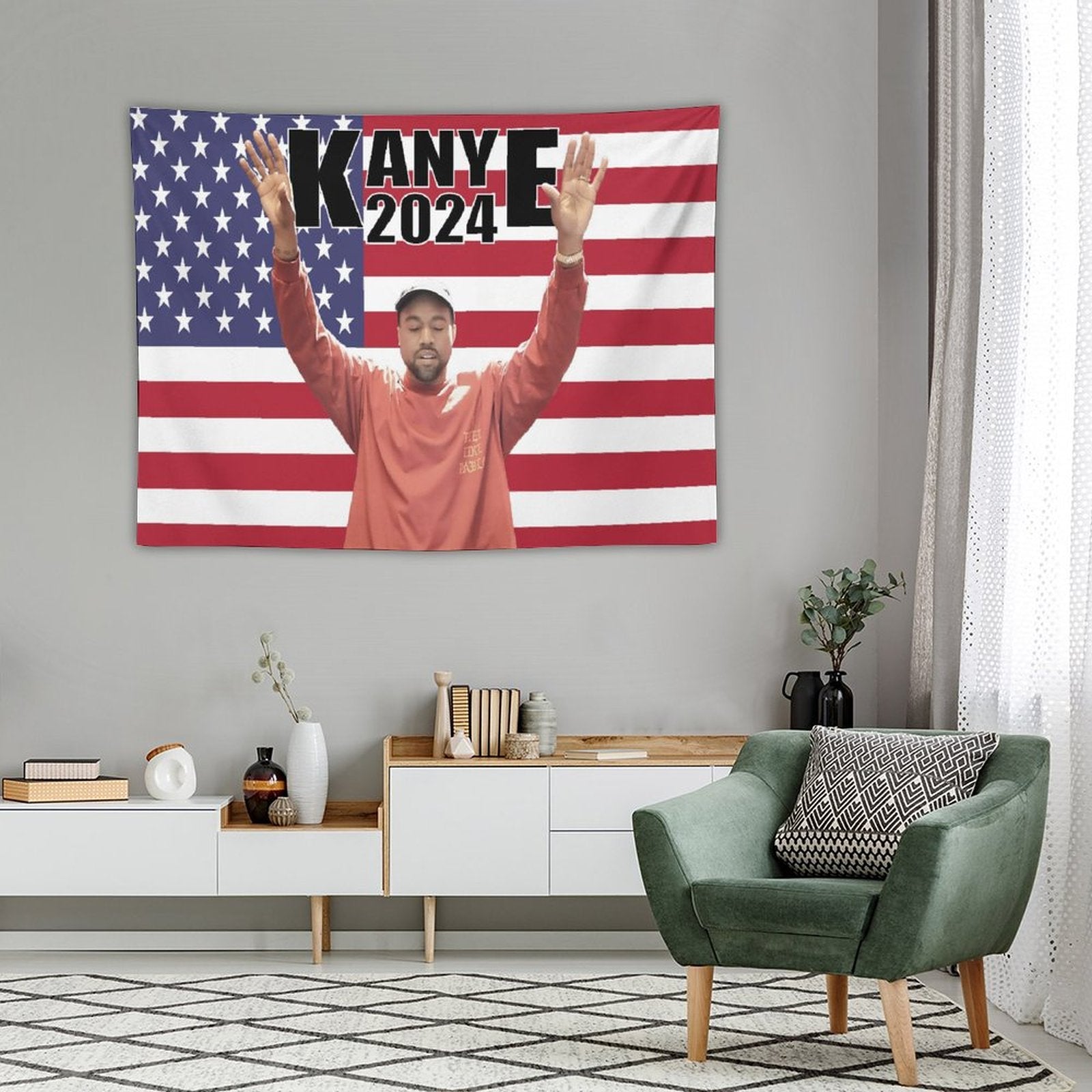 Kanye 2024 West America Flag Tapestry featuring vibrant colors and a stylish design, perfect for wall decoration.