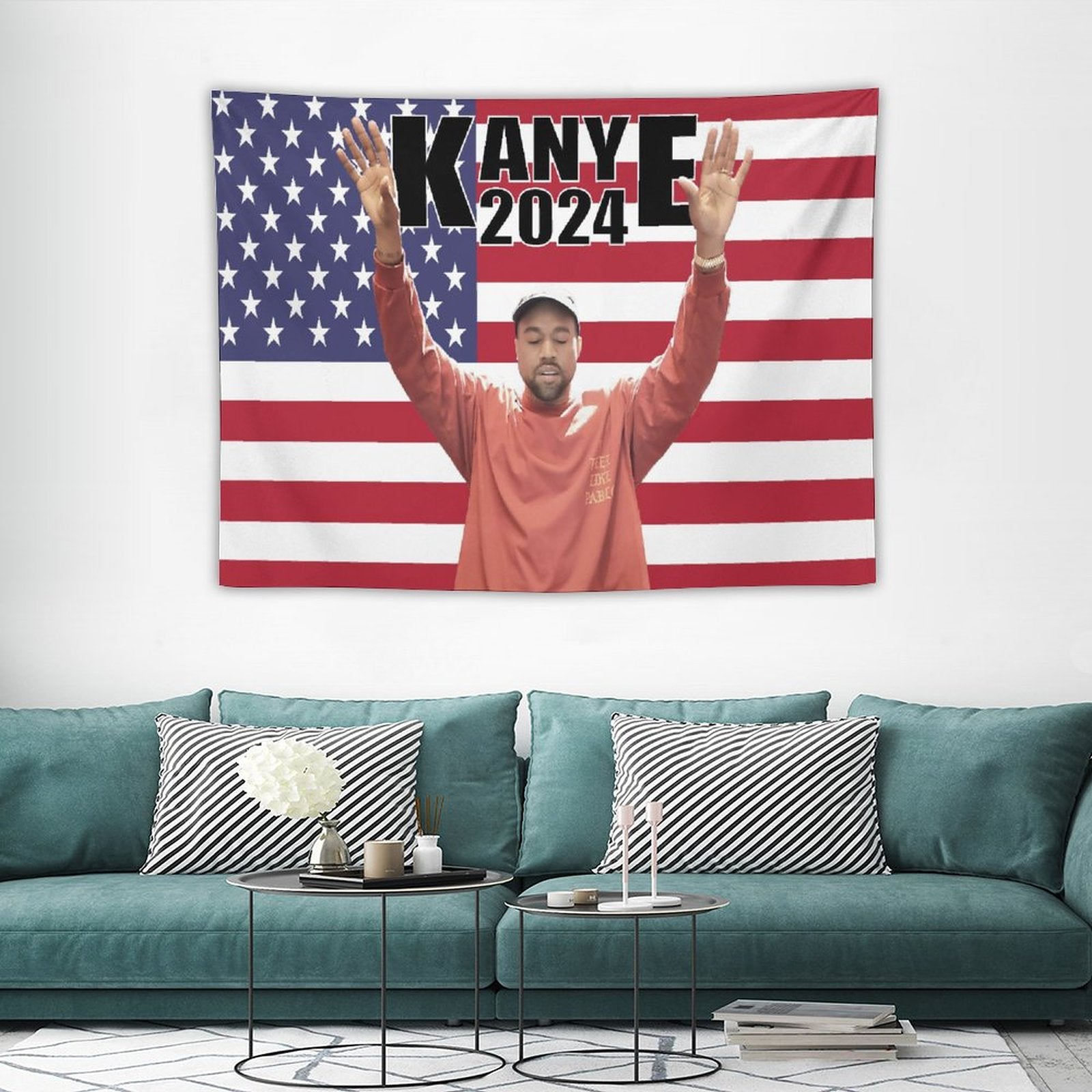 Kanye 2024 West America Flag Tapestry featuring vibrant colors and a stylish design, perfect for wall decoration.