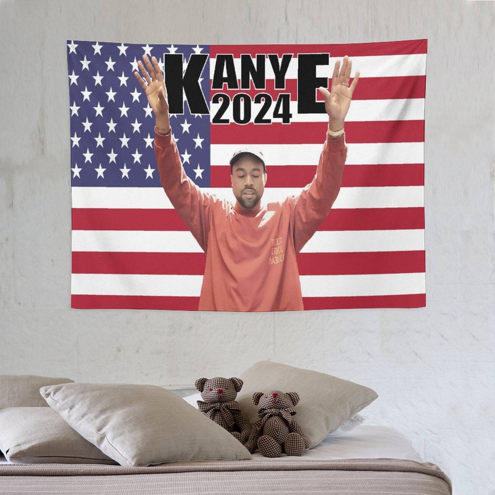 Kanye 2024 West America Flag Tapestry featuring vibrant colors and a stylish design, perfect for wall decoration.