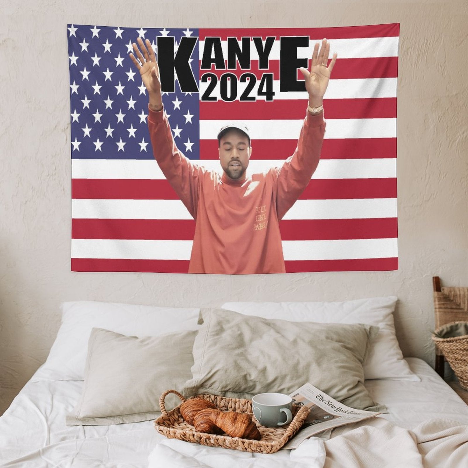 Kanye 2024 West America Flag Tapestry featuring vibrant colors and a stylish design, perfect for wall decoration.