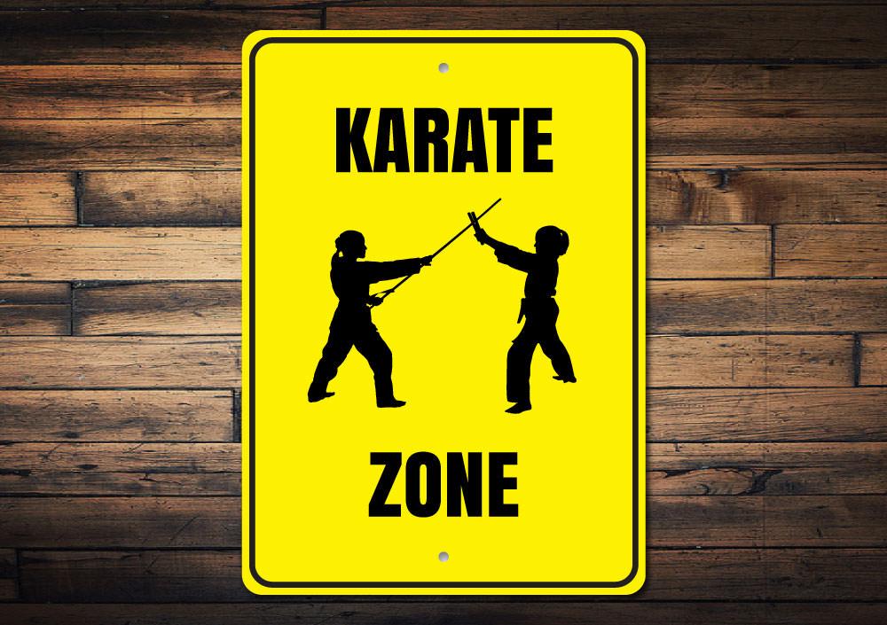 Karate Zone Sign made of aluminum, featuring martial arts-themed design, suitable for indoor and outdoor display.