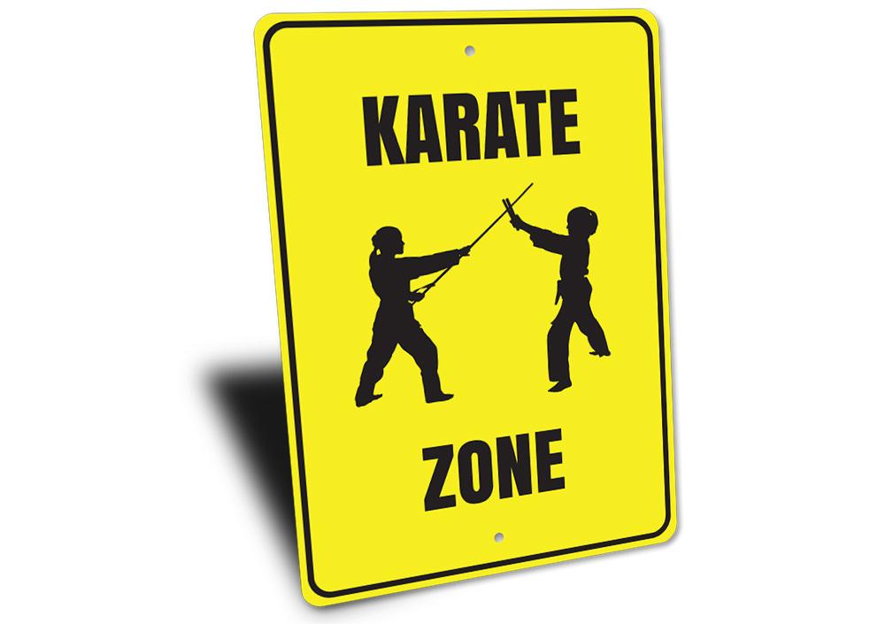 Karate Zone Sign made of aluminum, featuring martial arts-themed design, suitable for indoor and outdoor display.