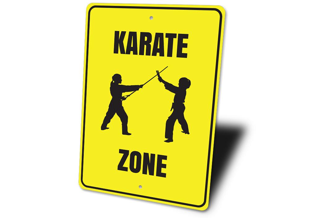 Karate Zone Sign made of aluminum, featuring martial arts-themed design, suitable for indoor and outdoor display.