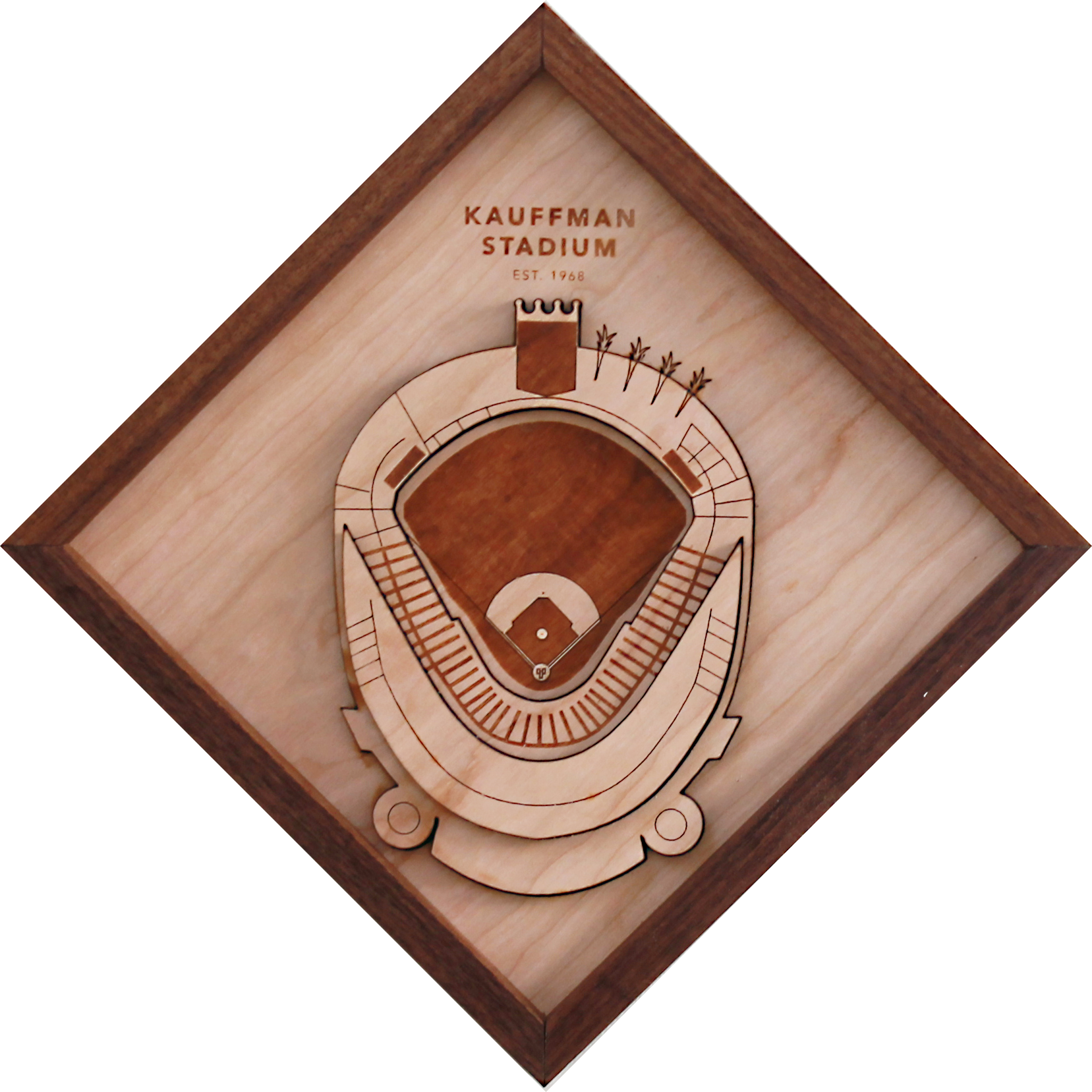 Intricate wooden art piece of Kauffman Stadium featuring detailed scoreboard and laser-etched fountains, framed in black walnut.