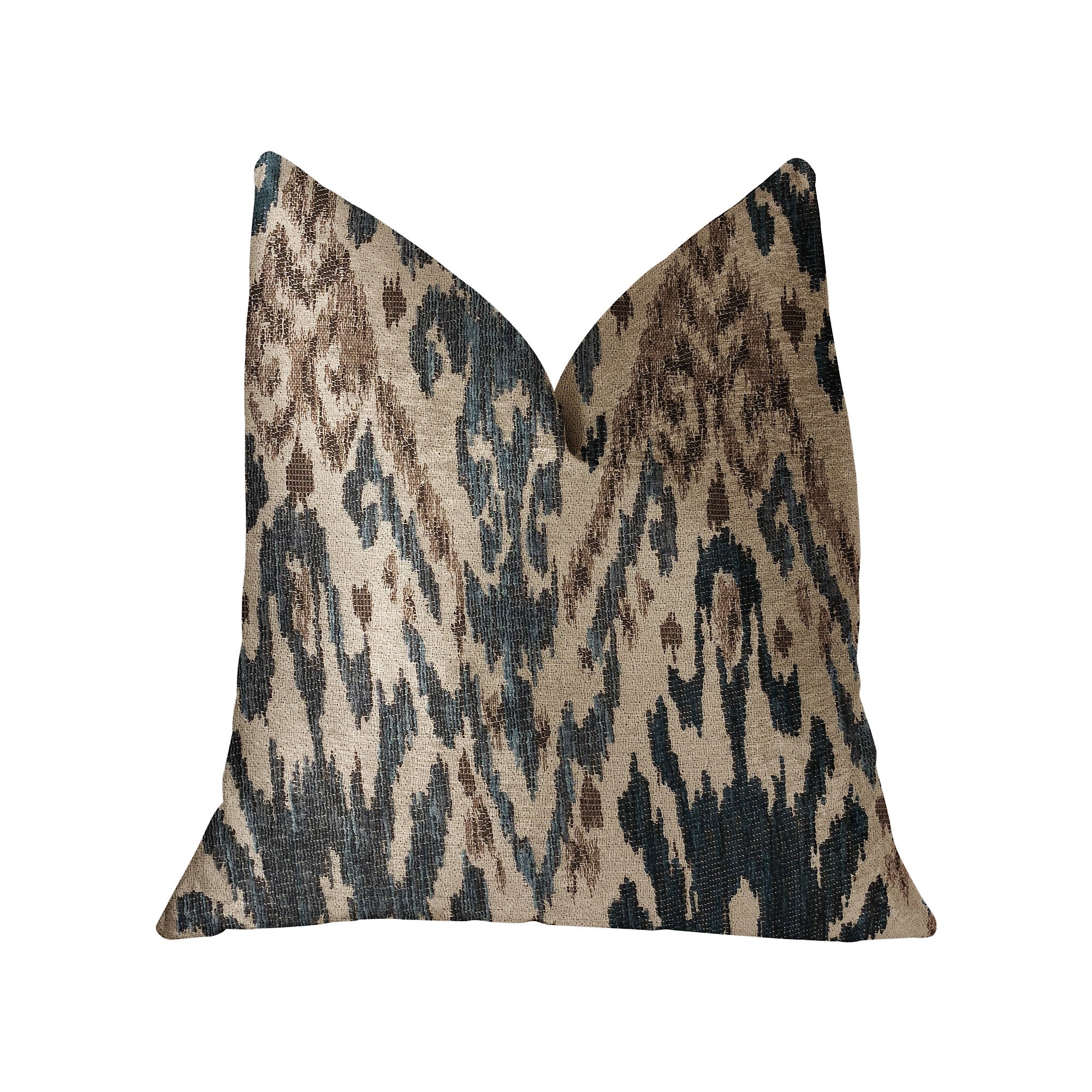 Kaveh Green, Beige and Brown Luxury Throw Pillow featuring an Ikat pattern, handmade in the USA with a hypoallergenic down alternative fill.