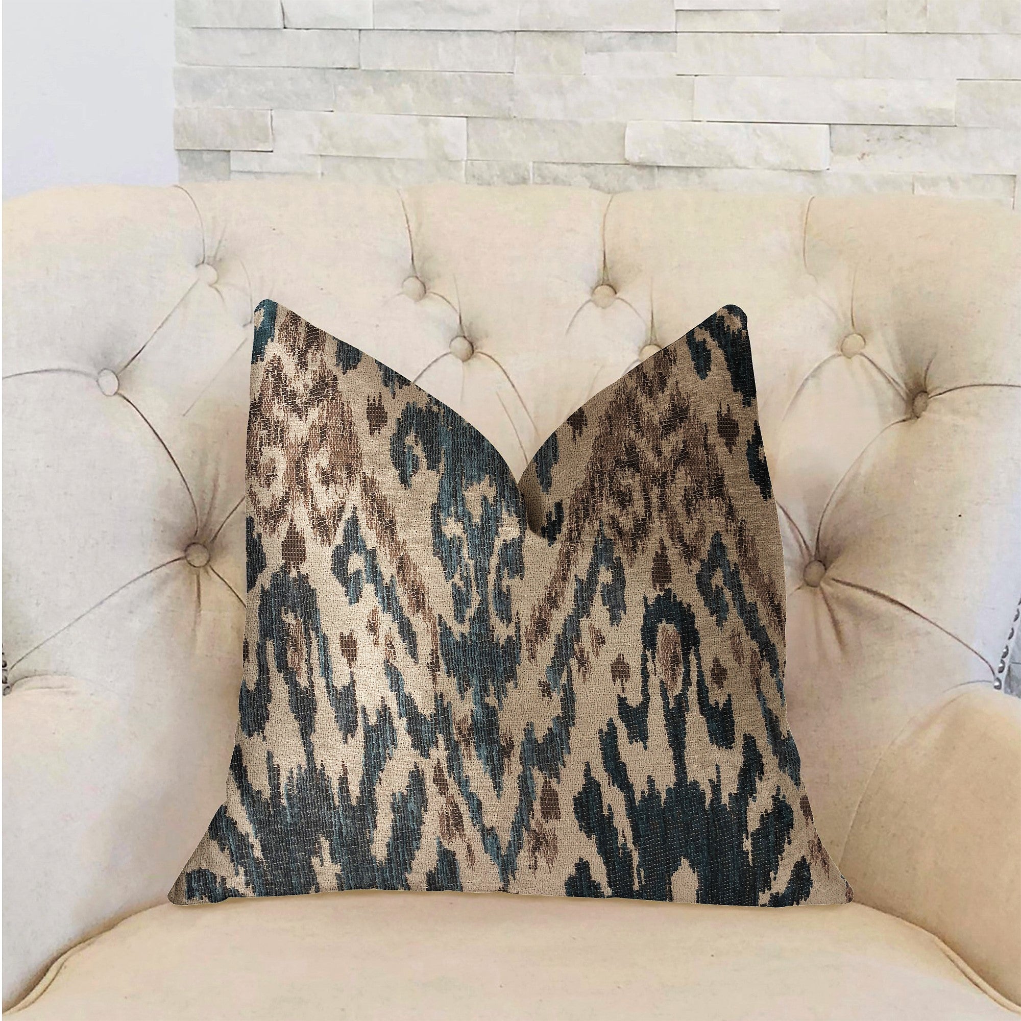 Kaveh Green, Beige and Brown Luxury Throw Pillow featuring an Ikat pattern, handmade in the USA with a hypoallergenic down alternative fill.