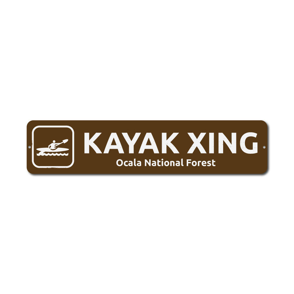 Kayak Crossing Sign made of durable aluminum, featuring a vibrant design suitable for indoor and outdoor decor.