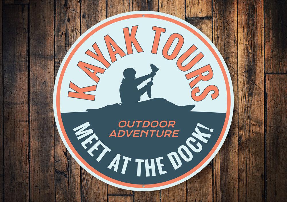 Customizable Kayak Tours sign made from durable aluminum, featuring vibrant colors and pre-drilled holes for easy mounting.