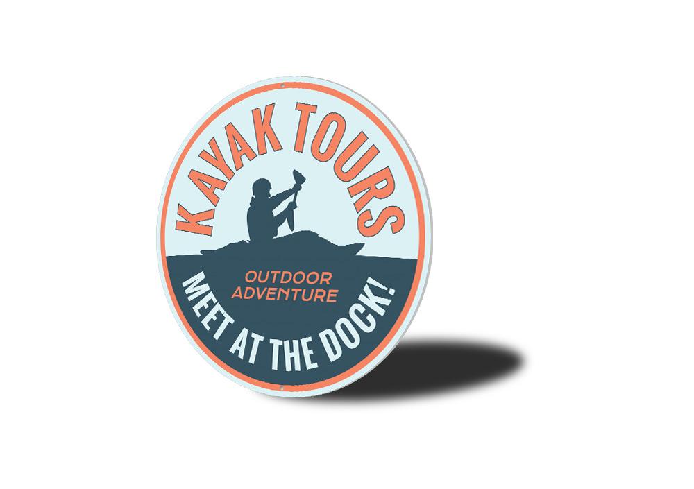 Customizable Kayak Tours sign made from durable aluminum, featuring vibrant colors and pre-drilled holes for easy mounting.