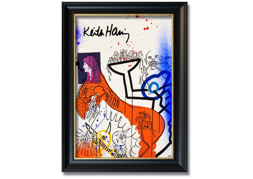 Vibrant Keith Haring Art printed on coated polyester canvas, mounted on a sturdy 44mm box frame, ready to hang.