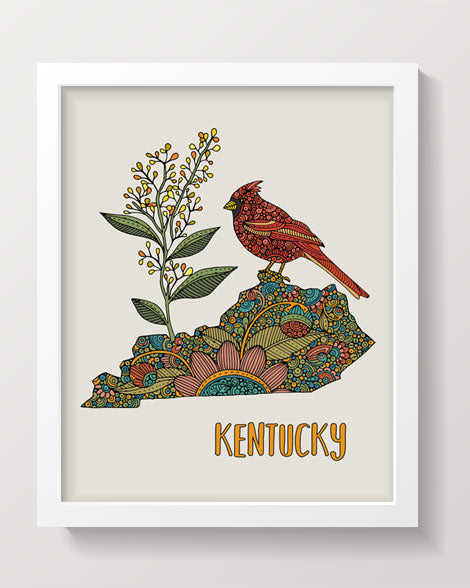 A detailed Kentucky State Map art print featuring the Northern cardinal and Solidago, designed in pen and ink with digital coloring.