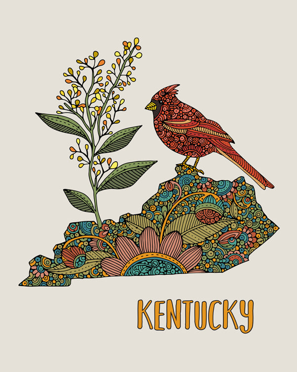 A detailed Kentucky State Map art print featuring the Northern cardinal and Solidago, designed in pen and ink with digital coloring.