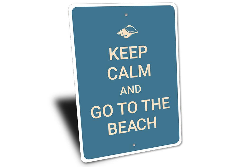 A decorative Keep Calm Beach Sign made of high-quality aluminum, featuring a beach-themed design perfect for coastal decor.