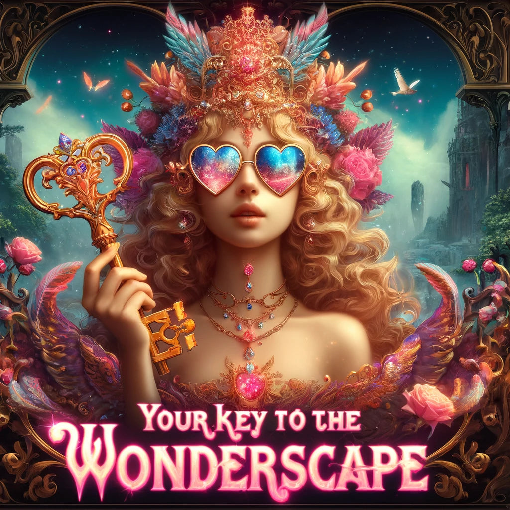 Key To The Wonderscape collection featuring 26 stories and a limited edition physical key, surrounded by unique images.