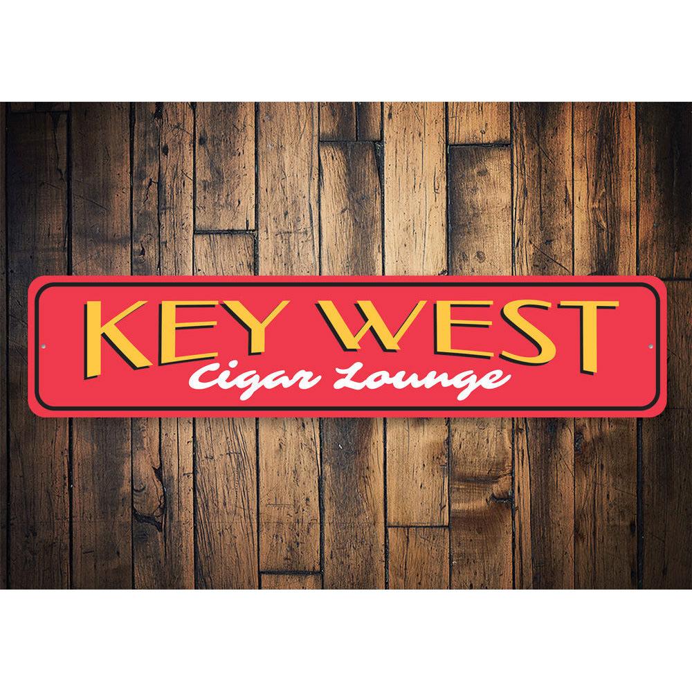 Key West Cigar Lounge Sign made of high-quality aluminum, featuring customizable text and pre-drilled holes for easy mounting.