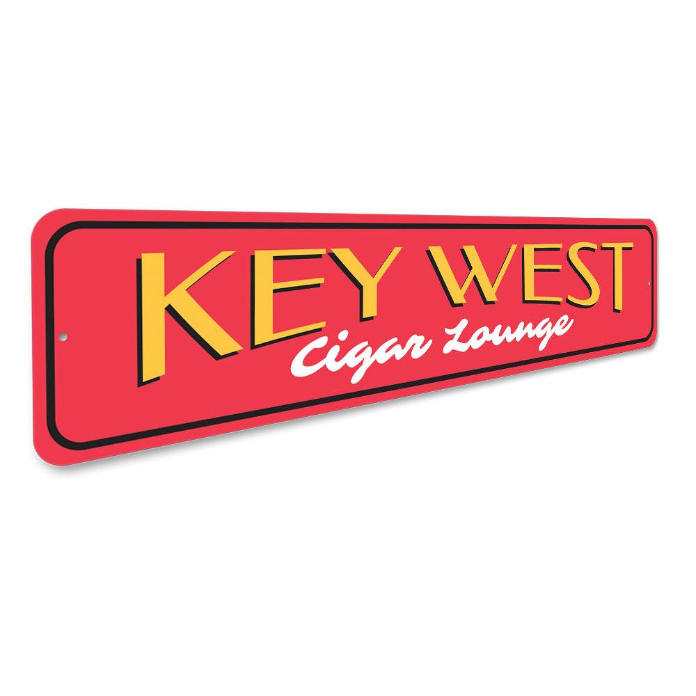 Key West Cigar Lounge Sign made of high-quality aluminum, featuring customizable text and pre-drilled holes for easy mounting.