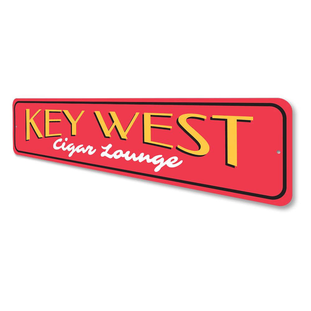 Key West Cigar Lounge Sign made of high-quality aluminum, featuring customizable text and pre-drilled holes for easy mounting.