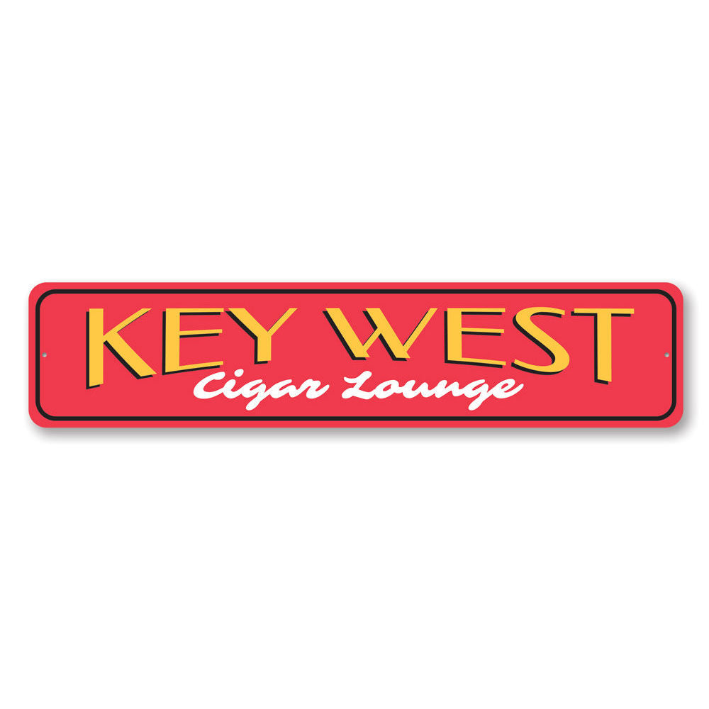 Key West Cigar Lounge Sign made of high-quality aluminum, featuring customizable text and pre-drilled holes for easy mounting.