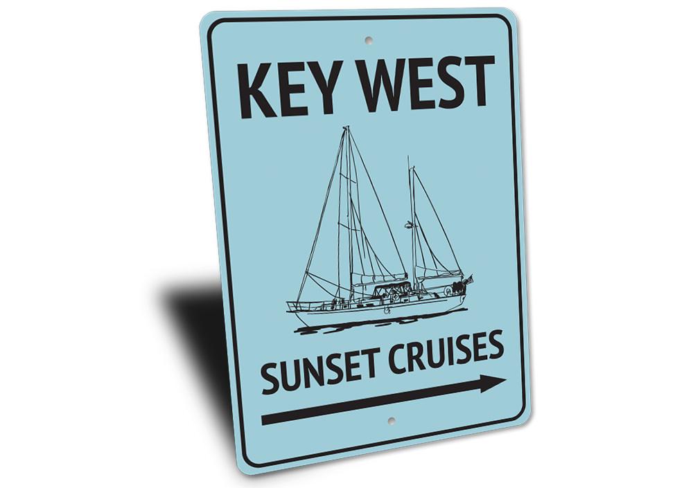 Key West Sunset Cruises decorative metal sign showcasing vibrant colors and coastal design, perfect for beach-themed decor.