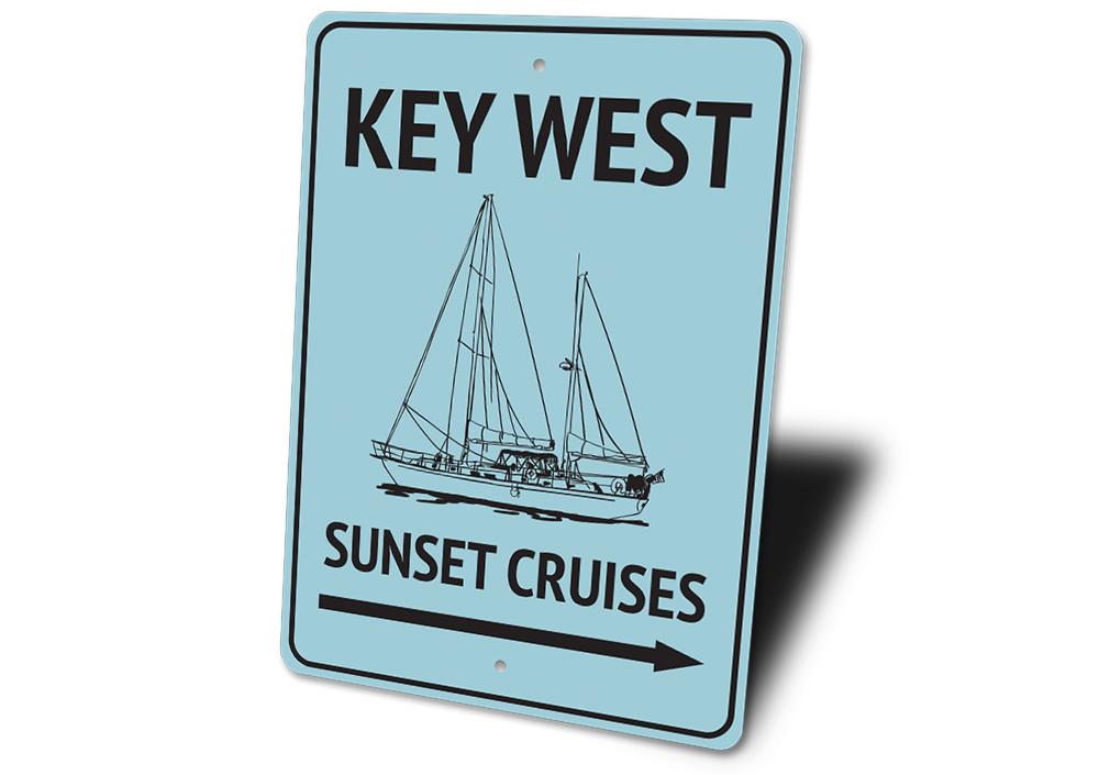 Key West Sunset Cruises decorative metal sign showcasing vibrant colors and coastal design, perfect for beach-themed decor.