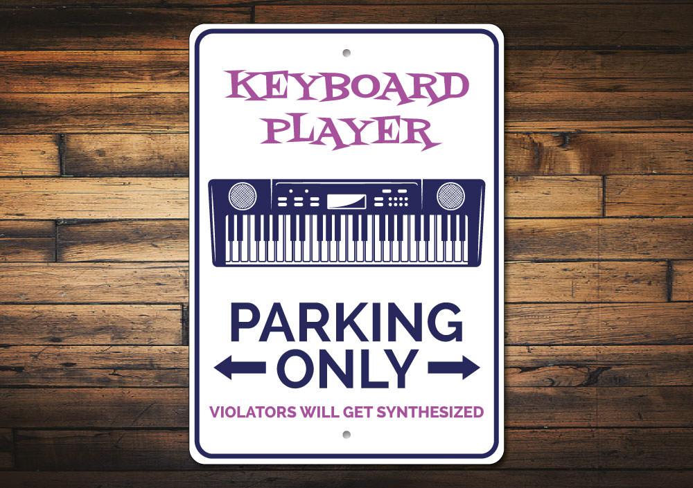 A vibrant Keyboard Parking Sign made of durable aluminum, featuring customizable text and pre-drilled holes for easy mounting.