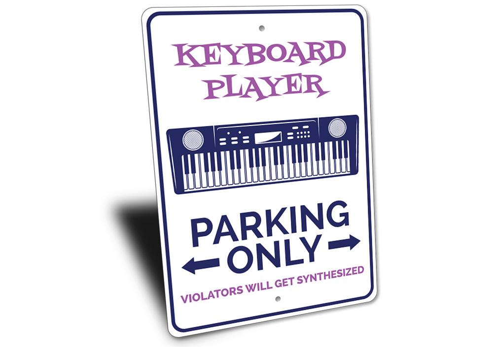 A vibrant Keyboard Parking Sign made of durable aluminum, featuring customizable text and pre-drilled holes for easy mounting.