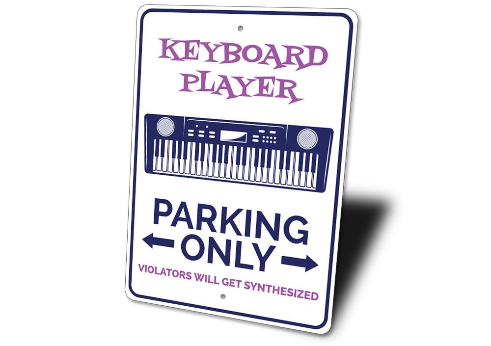 A vibrant Keyboard Parking Sign made of durable aluminum, featuring customizable text and pre-drilled holes for easy mounting.