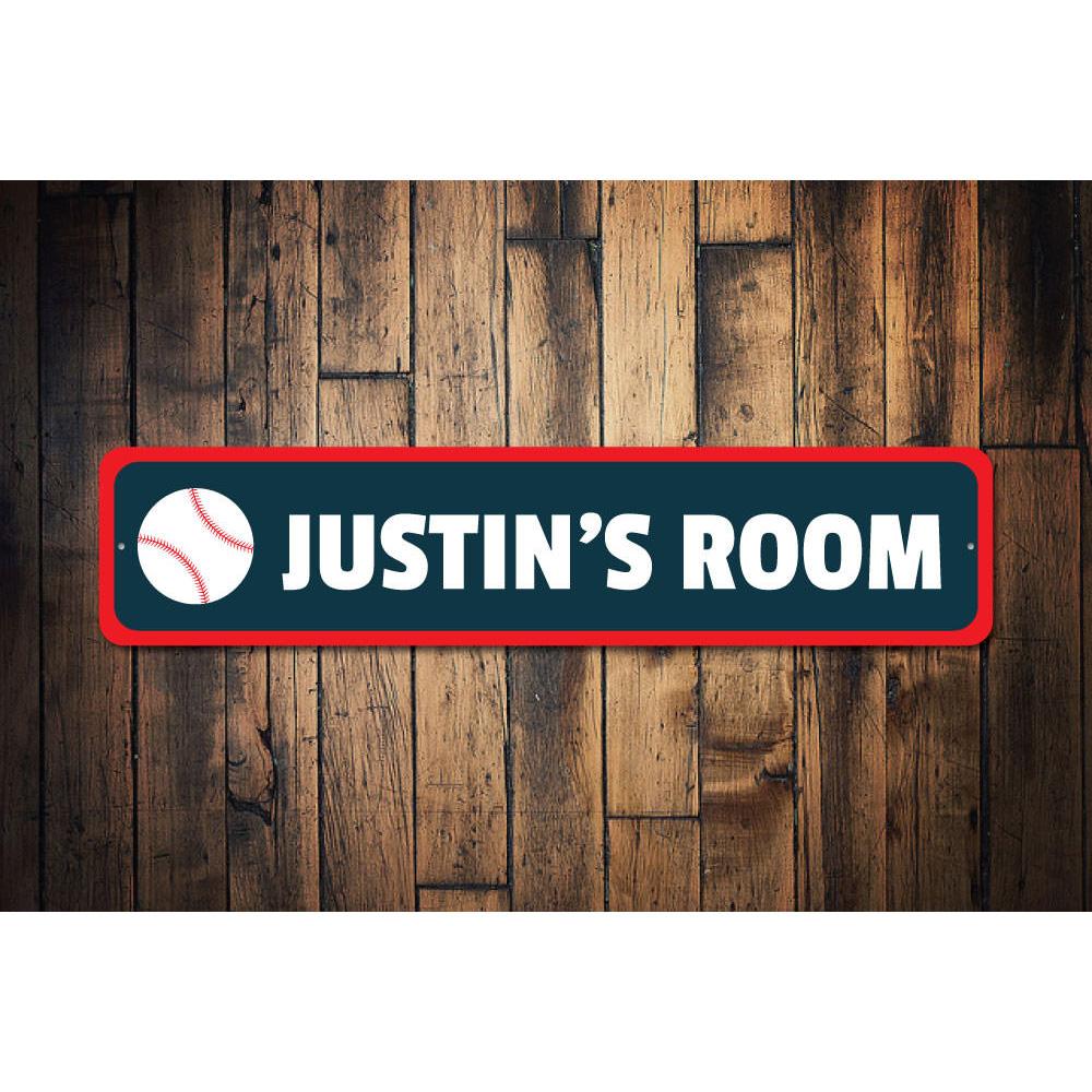 Colorful Kids Baseball Sign made of durable aluminum, featuring customizable text and baseball-themed design, perfect for children's rooms.