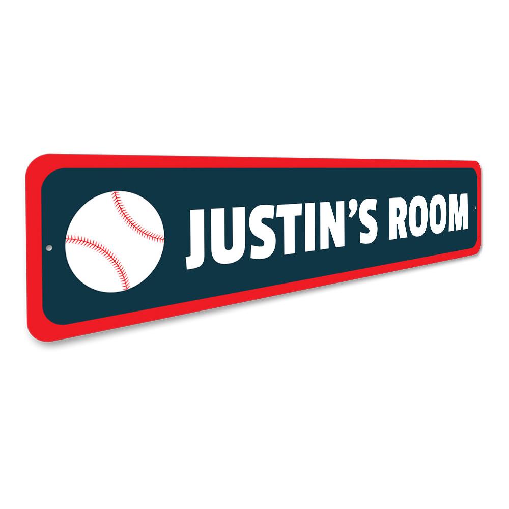 Colorful Kids Baseball Sign made of durable aluminum, featuring customizable text and baseball-themed design, perfect for children's rooms.