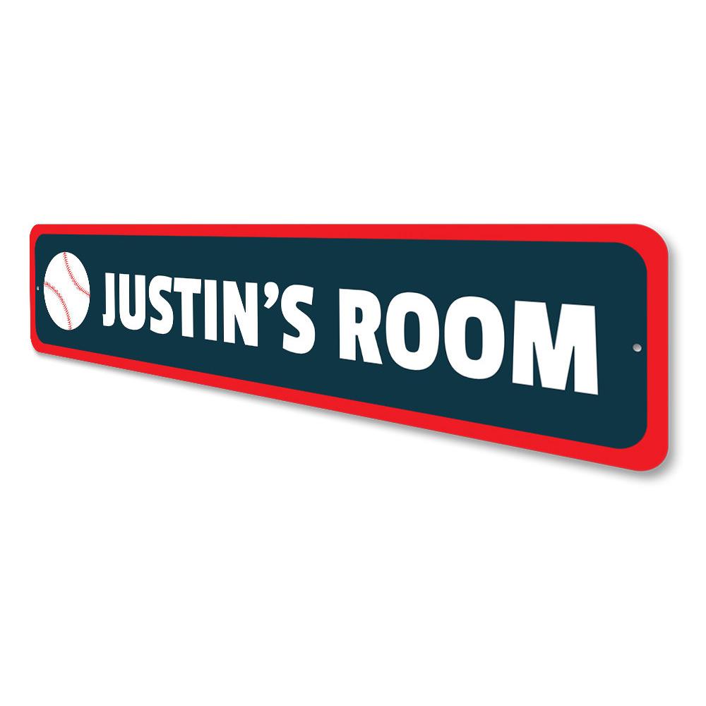 Colorful Kids Baseball Sign made of durable aluminum, featuring customizable text and baseball-themed design, perfect for children's rooms.